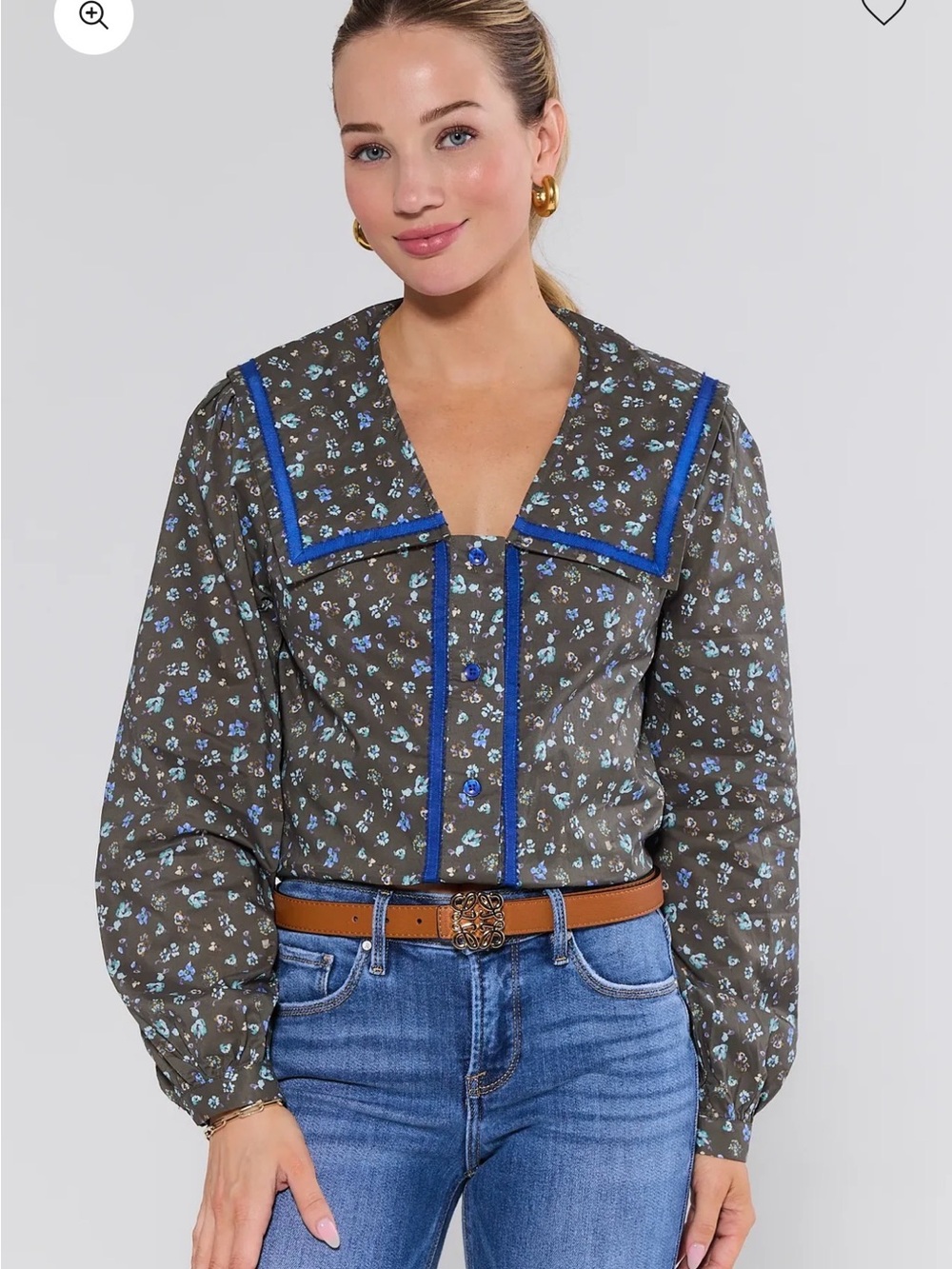 Olive Floral Sailor-Collar Blouse with Blue Trim